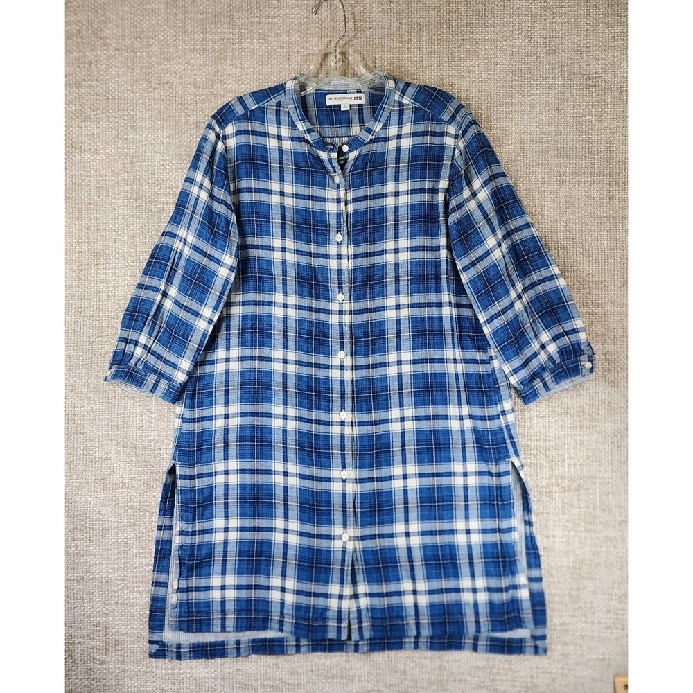 Uniqlo x Ines De La Fressange Tunic Shirt Womens L Blue Plaid Double Gauze EUC